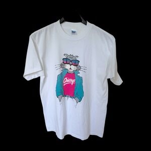 80's Chicago Miami Vice Cool Cat T-Shirt Large White Single Stitch Art